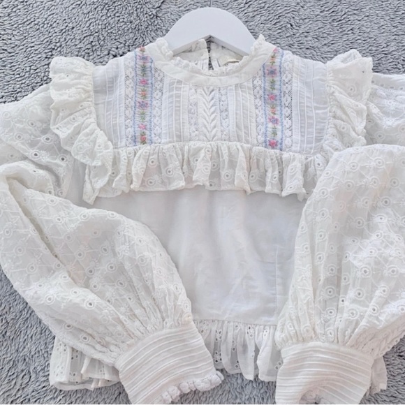 LoveShackFancy Set: Eyelet Top and matching Skirt w/ Floral Embroidery Trim - Picture 2 of 8